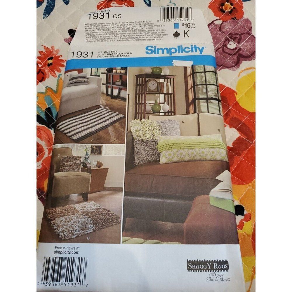 Simplicity Fleece Fringe Rugs Pillows Sewing Pattern 1931 New Uncut Shaggy Rugs
